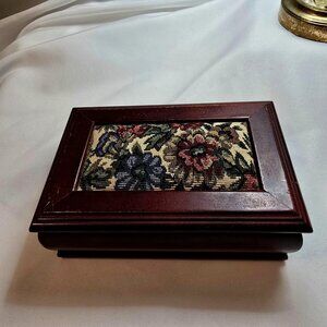 Vintage Wooden Jewelry Box With Floral Tapestry embroidrey Inlay Hinged Lid Mirr
